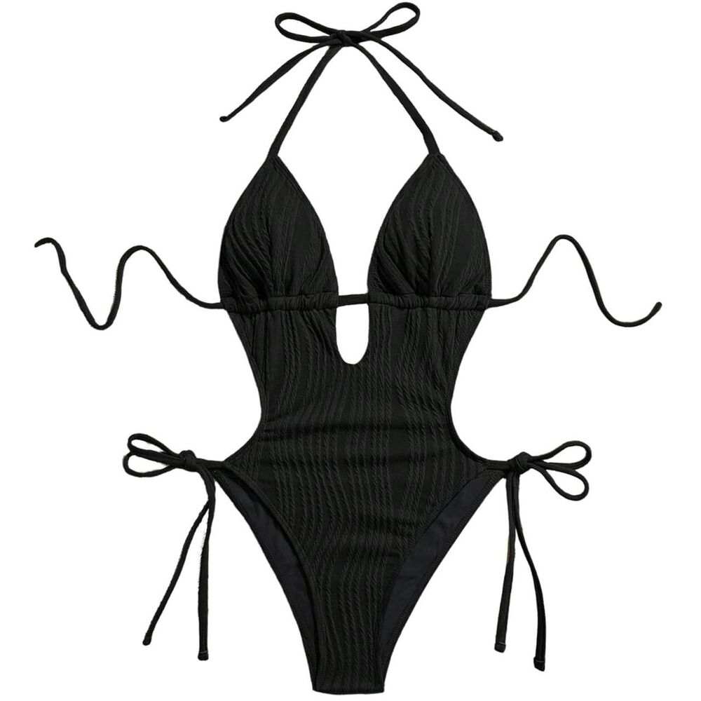Sexy Black Cutout Monokini Cheeky Open Back One Piece Swimsuit Ruched Beach Swim